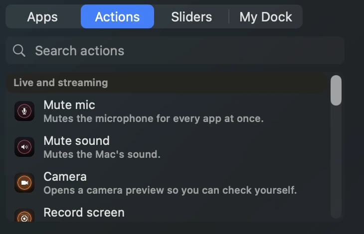 The action library: mute mic, mute sound, camera preview and record screen.
