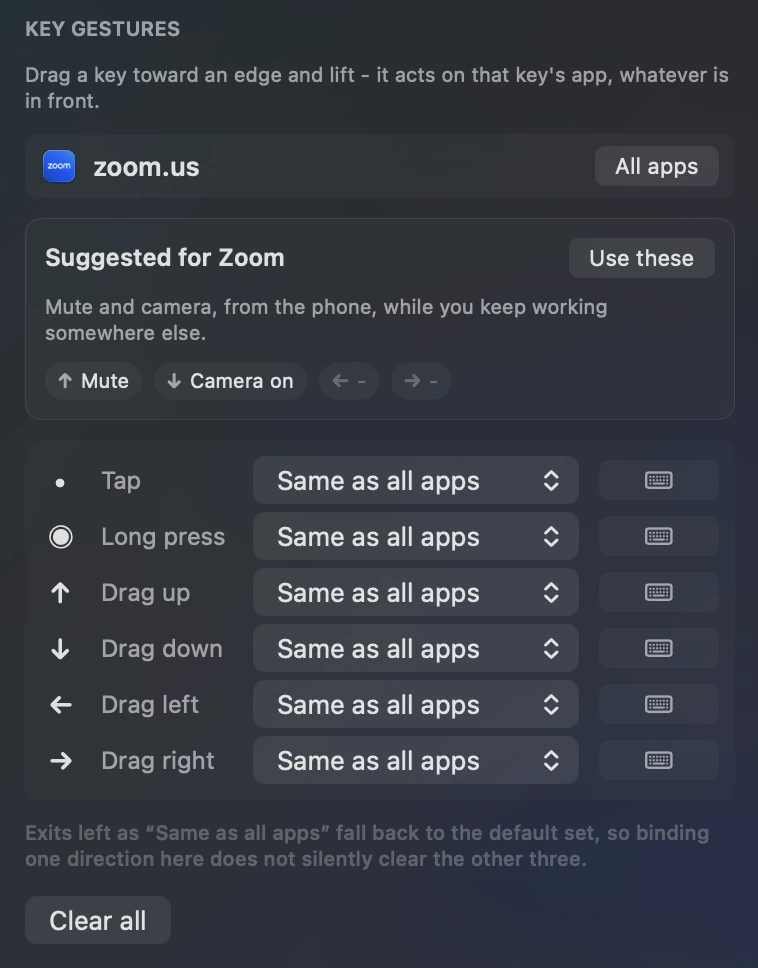 Per-app key gestures for zoom.us, with a suggested set offering mute on flick up and camera on flick down, above six gesture rows reading Same as all apps.