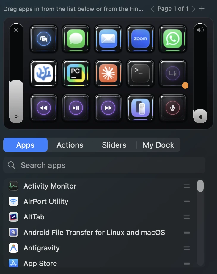 The deck editor: a fifteen-key grid above a searchable list of installed Mac apps.