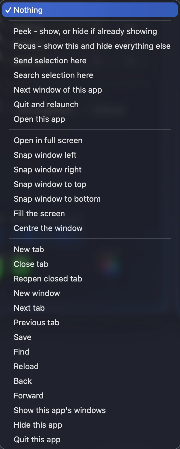 The action menu for a single flick, listing twenty-eight actions from Peek and Focus through window snapping to tab and window commands.