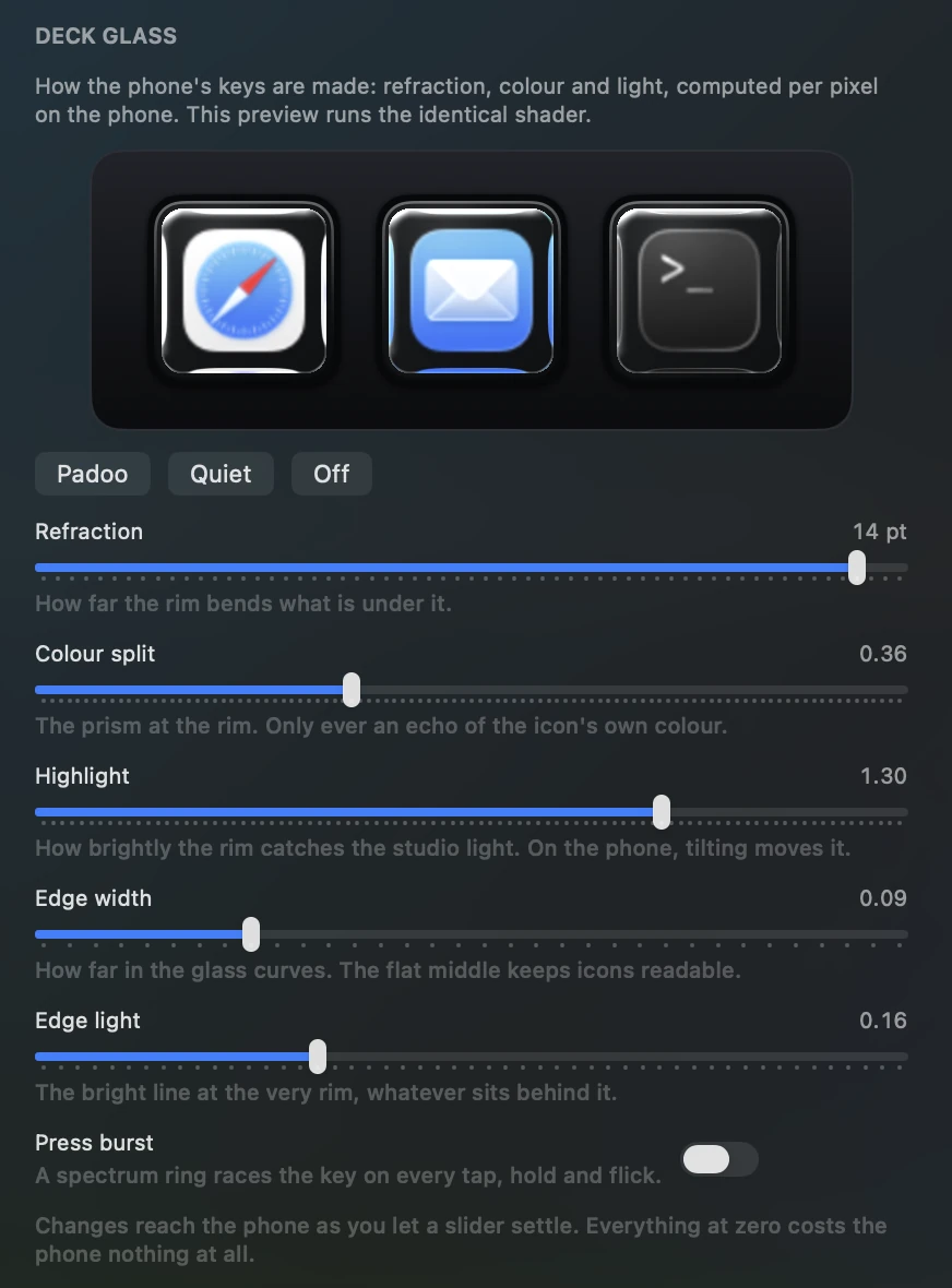 Deck glass settings: a live preview of three glass keys above refraction, colour split, highlight, edge width and edge light sliders.