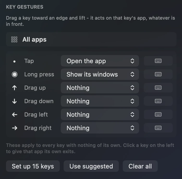 Key gestures: tap, long press and four drag directions, each bound to an action or a recorded keystroke.