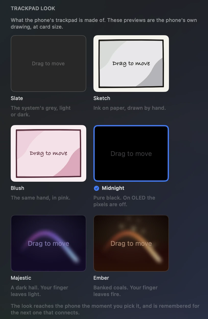 Six trackpad looks: Slate, Sketch, Blush, Midnight, Majestic and Ember.