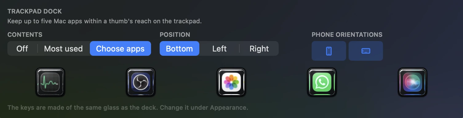Trackpad dock settings: contents, edge position, and which phone orientations show it.