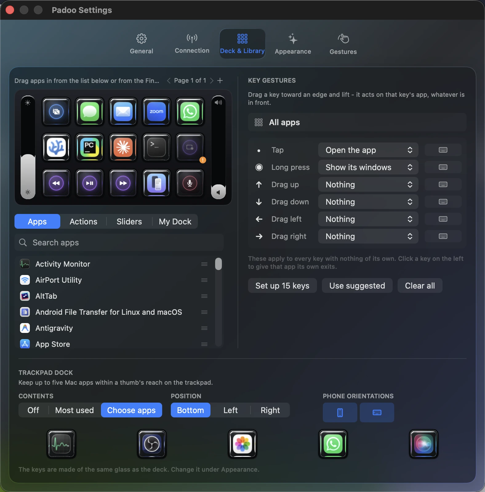 Padoo's Deck & Library settings on macOS: a fifteen-key glass deck being built from a searchable app list, with per-key gestures on the right.