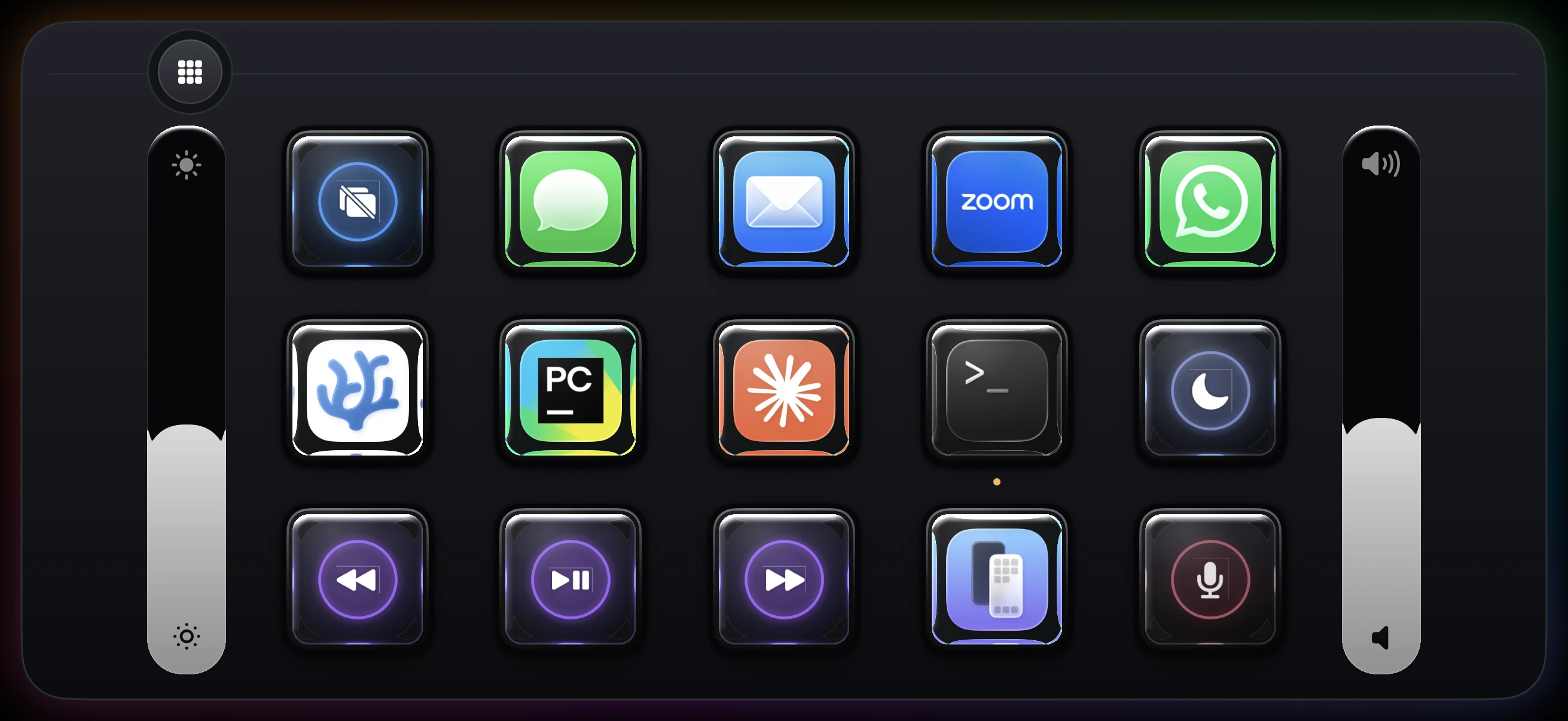 Padoo's deck on an iPhone held landscape: fifteen glass keys wearing real Mac app icons, with brightness and volume sliders down either edge.