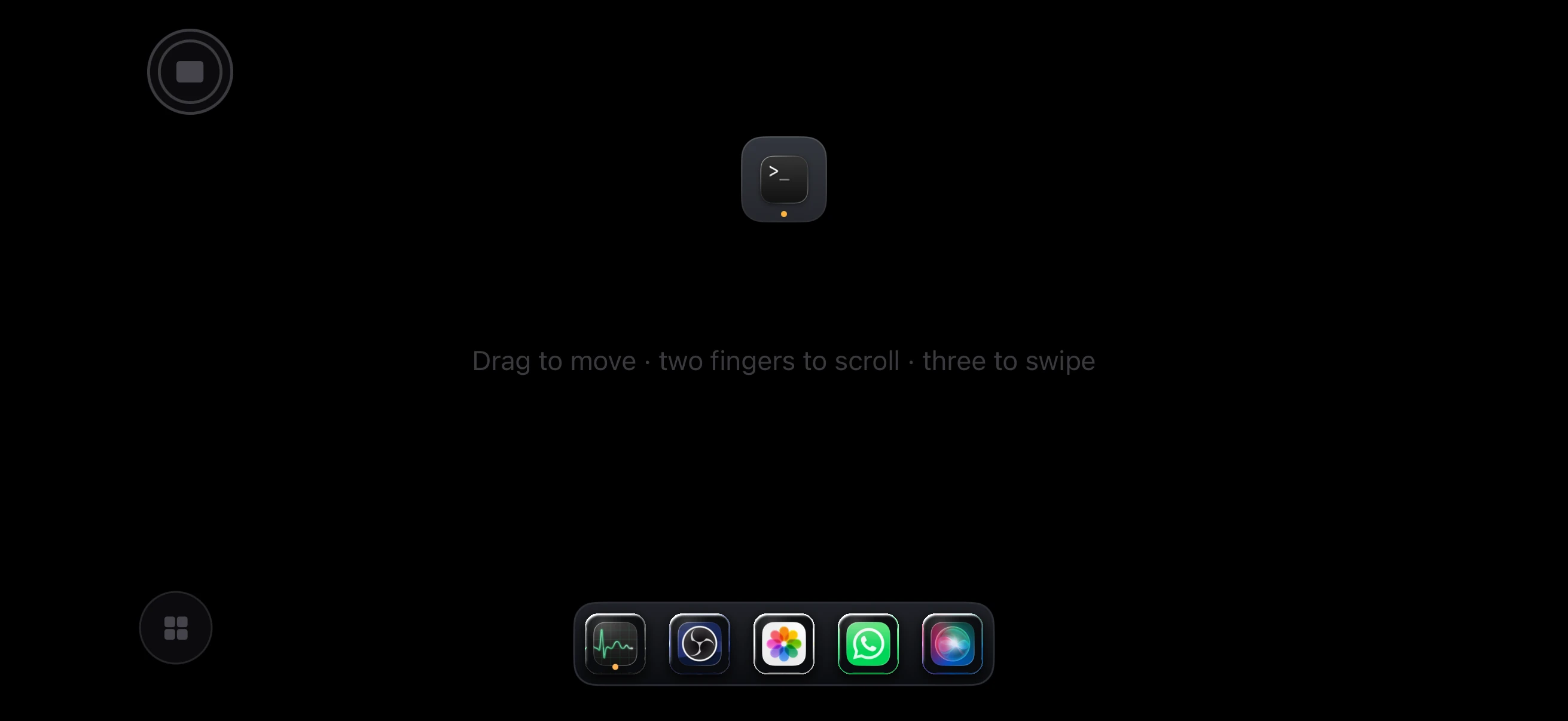 Padoo's trackpad surface on an iPhone held landscape: an empty black field with the focused app's key at the top and a five-app dock along the bottom.